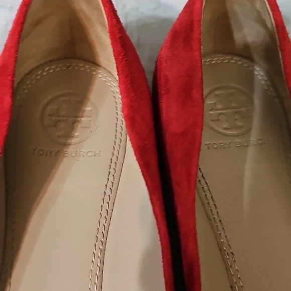 Tory Burch Orange/Red Suede Ballet Flats with Gold Accent 8.5 - Picture 10 of 13
